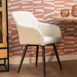 Mangohoutonline Eetkamerstoel Amiens Wit Bouclé stof met zwart onderstel Mahom