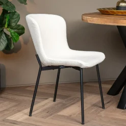 Mangohoutonline Eetkamerstoel Lille Wit Bouclé stof met zwart onderstel Mahom