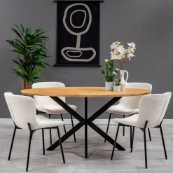 Mangohoutonline Eetkamerstoel Lille Wit Bouclé stof met zwart onderstel Mahom