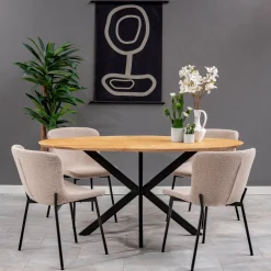 Mangohoutonline Eetkamerstoel Lille Zand Bouclé stof met zwart onderstel Mahom