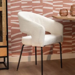 Mangohoutonline Eetkamerstoel Rennes Wit Bouclé stof met zwart onderstel Mahom