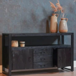 Mangohoutonline Mangohouten Dressoir Britt Black 140 cm met 3 lades en 2 deuren Mahom