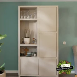 Mangohoutonline Mangohouten Wandkast Phoenix 120 cm Crème Mahom (3 open vakken, 4 deuren)