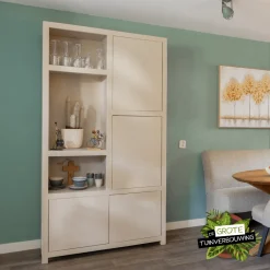 Mangohoutonline Mangohouten Wandkast Phoenix 120 cm Crème Mahom (3 open vakken, 4 deuren)